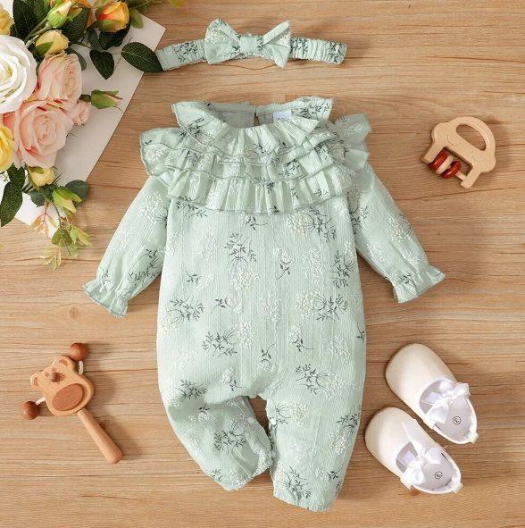 The Georgina - Flower & Lotus Leaf Long Sleeve Jumpsuit with Headband