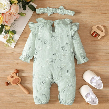 The Georgina - Flower & Lotus Leaf Long Sleeve Jumpsuit with Headband