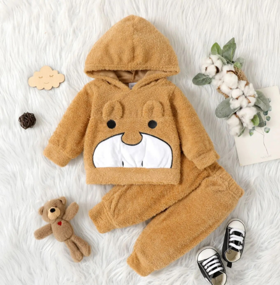 The Ezra - Brown Plush Bear Embroidered Hooded Long Sleeve Tops + Pants