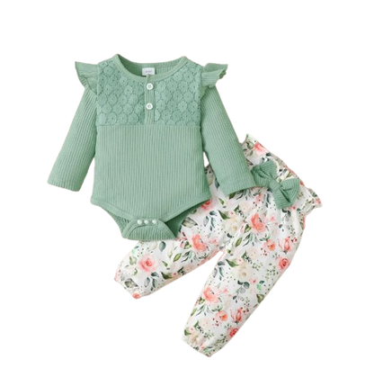 The Robbie - Baby Green Long Sleeve Top + Flower Pants + Headband