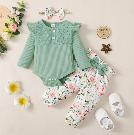 The Robbie - Baby Green Long Sleeve Top + Flower Pants + Headband