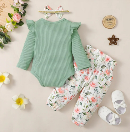 The Robbie - Baby Green Long Sleeve Top + Flower Pants + Headband