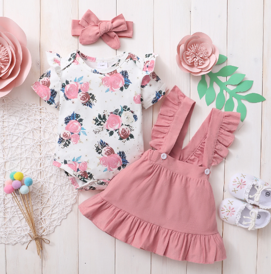 The Milan - Baby Pink Dress Short Sleeve + Floral Bodysuit + Suspender Skirt + Headband