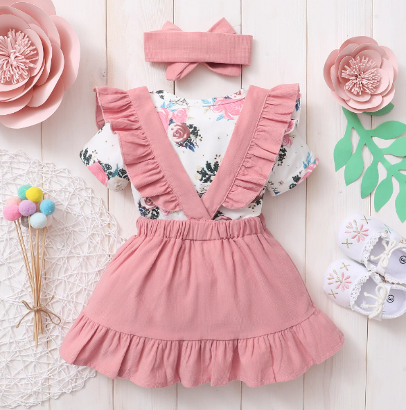 The Milan - Baby Pink Dress Short Sleeve + Floral Bodysuit + Suspender Skirt + Headband