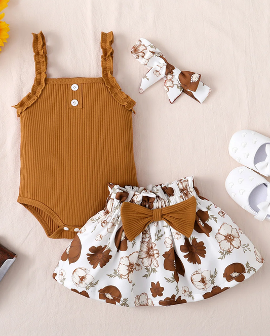 The Jaylin - Baby Brown Sleeveless Romper + Floral Skirt + Headband