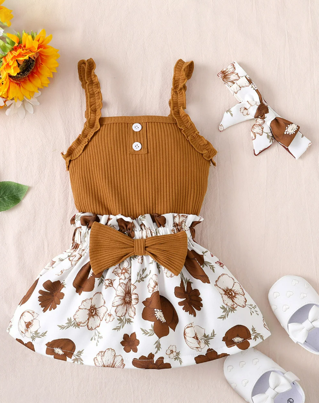 The Jaylin - Baby Brown Sleeveless Romper + Floral Skirt + Headband