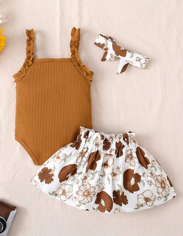 The Jaylin - Baby Brown Sleeveless Romper + Floral Skirt + Headband