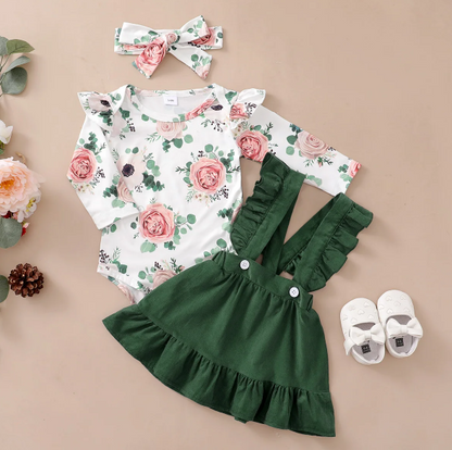 The Devan - Baby Brown/Green Floral Longsleeve Tops + Solid Colour Skirt + Headband