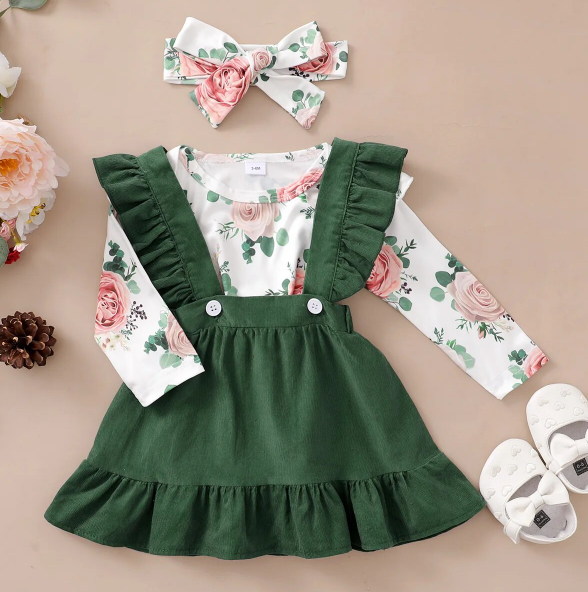 The Devan - Baby Brown/Green Floral Longsleeve Tops + Solid Colour Skirt + Headband