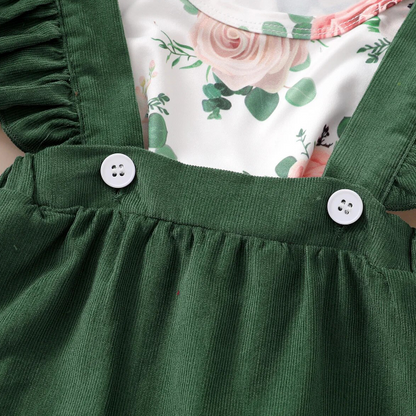 The Devan - Baby Brown/Green Floral Longsleeve Tops + Solid Colour Skirt + Headband