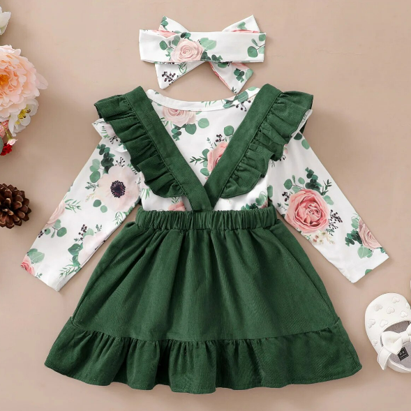 The Devan - Baby Brown/Green Floral Longsleeve Tops + Solid Colour Skirt + Headband