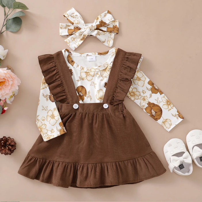 The Devan - Baby Brown/Green Floral Longsleeve Tops + Solid Colour Skirt + Headband