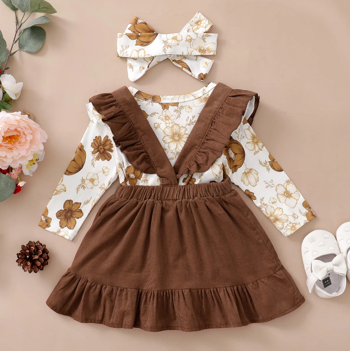 The Devan - Baby Brown/Green Floral Longsleeve Tops + Solid Colour Skirt + Headband