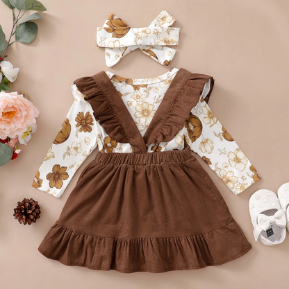 The Devan - Baby Brown/Green Floral Longsleeve Tops + Solid Colour Skirt + Headband