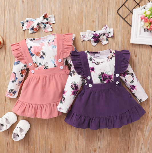 The Channing - Baby Pink/ Violet Floral Print Long Sleeve Top + Suspender Skirt + Headband