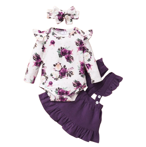 The Channing - Baby Pink/ Violet Floral Print Long Sleeve Top + Suspender Skirt + Headband