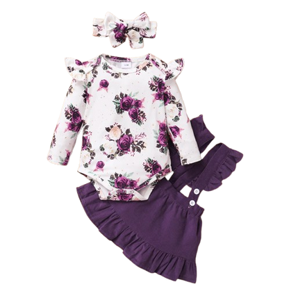 The Channing - Baby Pink/ Violet Floral Print Long Sleeve Top + Suspender Skirt + Headband