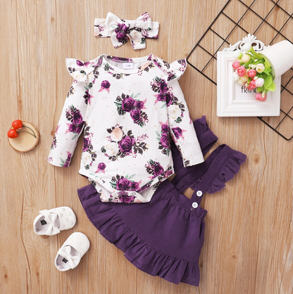 The Channing - Baby Pink/ Violet Floral Print Long Sleeve Top + Suspender Skirt + Headband