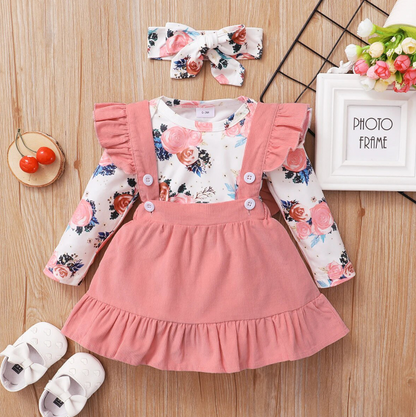 The Channing - Baby Pink/ Violet Floral Print Long Sleeve Top + Suspender Skirt + Headband