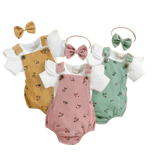 The Monroe - Baby Solid Colour Fly Sleeve, Round Neck Tops + Flower Pattern Suspender