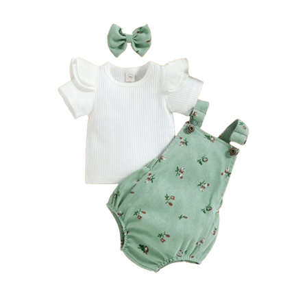 The Monroe - Baby Solid Colour Fly Sleeve, Round Neck Tops + Flower Pattern Suspender