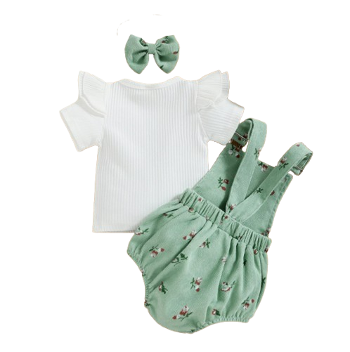 The Monroe - Baby Solid Colour Fly Sleeve, Round Neck Tops + Flower Pattern Suspender