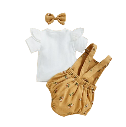 The Monroe - Baby Solid Colour Fly Sleeve, Round Neck Tops + Flower Pattern Suspender