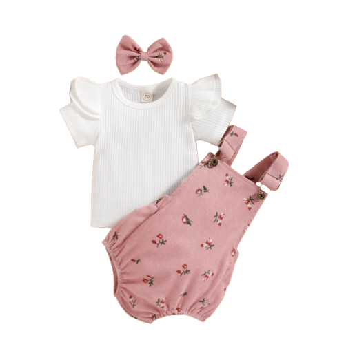 The Monroe - Baby Solid Colour Fly Sleeve, Round Neck Tops + Flower Pattern Suspender