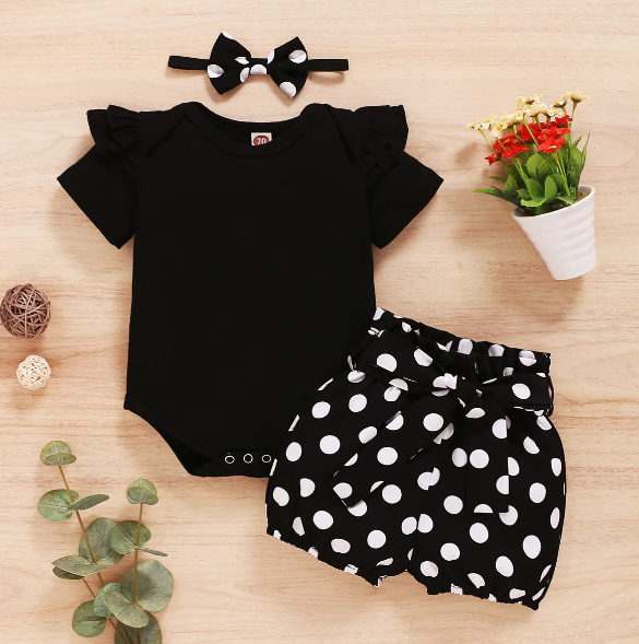 The Rachel - Baby Black Short Sleeve Tops + Polka Dot Shorts + Headband