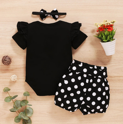 The Rachel - Baby Black Short Sleeve Tops + Polka Dot Shorts + Headband