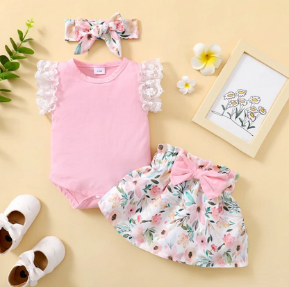 The Rose - Baby Pink Solid Colour Tops + Floral Skirt + Headband