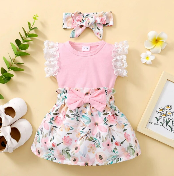 The Rose - Baby Pink Solid Colour Tops + Floral Skirt + Headband