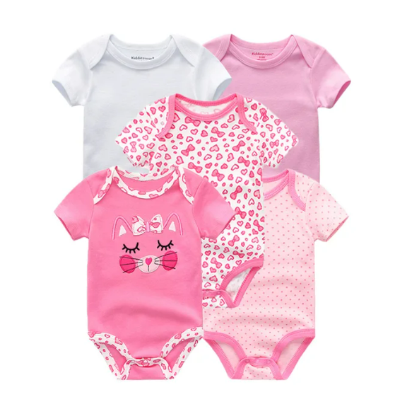 The Zena - 5pcs Unisex Cotton Rompers - Cute Pink Print Set