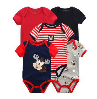 The Zena - 5pcs Unisex Cotton Rompers - Red Reindeer Set