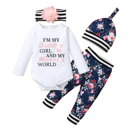 The Everly - 4pcs Long Sleeve Romper + Floral Pants + Headwear + Hat