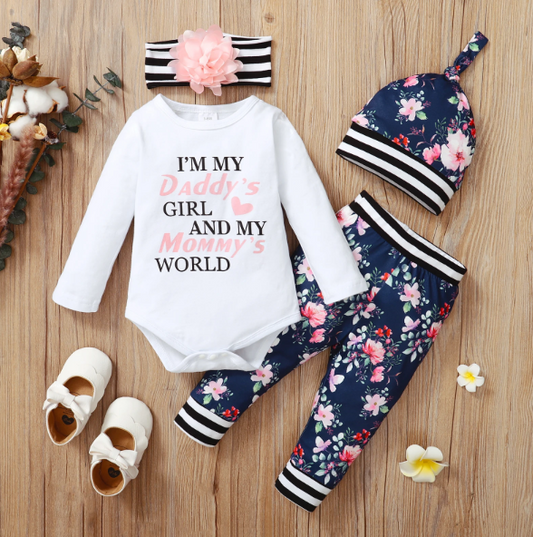 The Everly - 4pcs Long Sleeve Romper + Floral Pants + Headwear + Hat