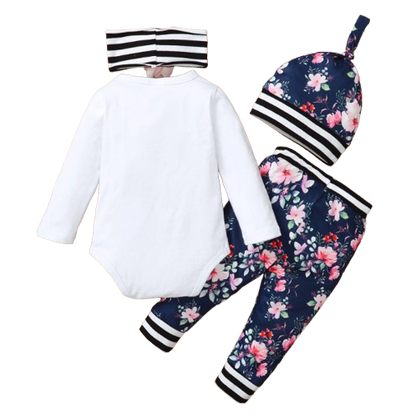 The Everly - 4pcs Long Sleeve Romper + Floral Pants + Headwear + Hat