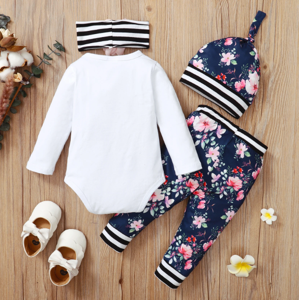 The Everly - 4pcs Long Sleeve Romper + Floral Pants + Headwear + Hat