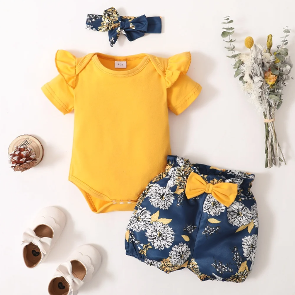 The Leilani - 3pcs Yellow Ruffle Short Sleeve Tops + Floral Shorts + Headband