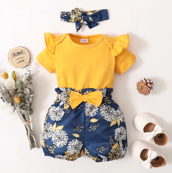 The Leilani - 3pcs Yellow Ruffle Short Sleeve Tops + Floral Shorts + Headband