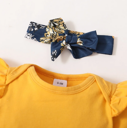 The Leilani - 3pcs Yellow Ruffle Short Sleeve Tops + Floral Shorts + Headband