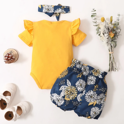 The Leilani - 3pcs Yellow Ruffle Short Sleeve Tops + Floral Shorts + Headband