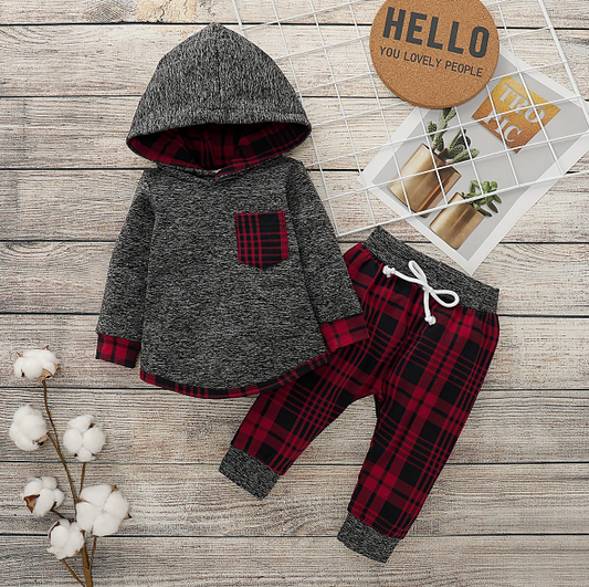 The Teo - 2pcs Baby Boy Red Stitching Hooded Sweatshirt + Plaid Print Pants