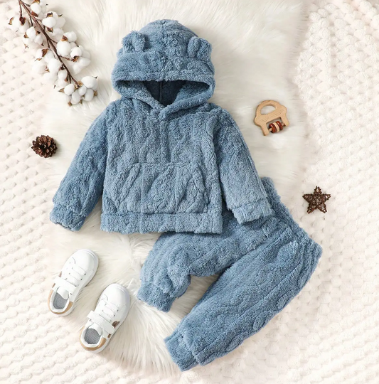 The Samuel - Baby Boy Bear Ears Hat Furry Hoodie & Plain Pants