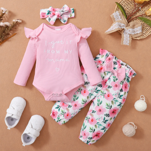 The Kinsley - Baby Girl Pink Print Long Sleeve + Floral Pants + Headband