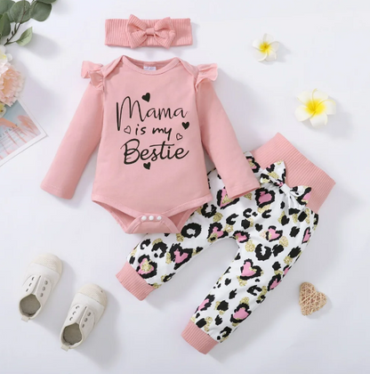 The Ruby - Baby Girl My Mama Print Long Sleeve Romper Tops + Heart Print Pants + Headband