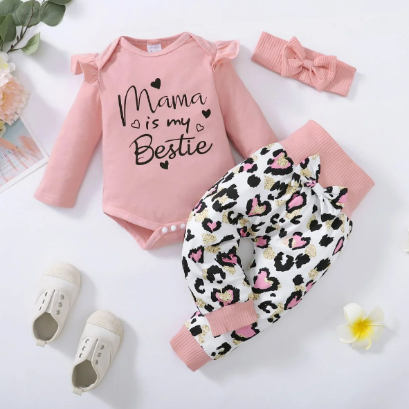 The Ruby - Baby Girl My Mama Print Long Sleeve Romper Tops + Heart Print Pants + Headband