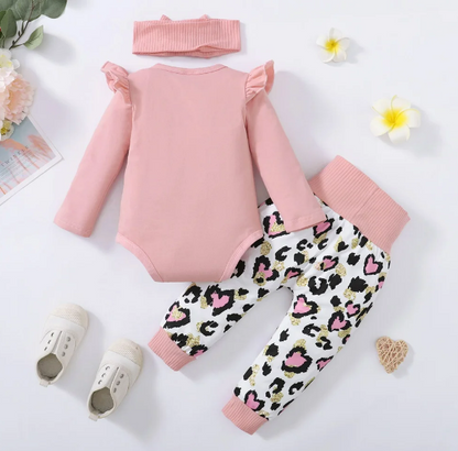 The Ruby - Baby Girl My Mama Print Long Sleeve Romper Tops + Heart Print Pants + Headband