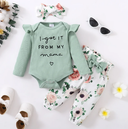 The Sophie - Baby Girl Green Print Romper + Pants + Headband