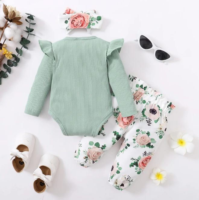 The Sophie - Baby Girl Green Print Romper + Pants + Headband